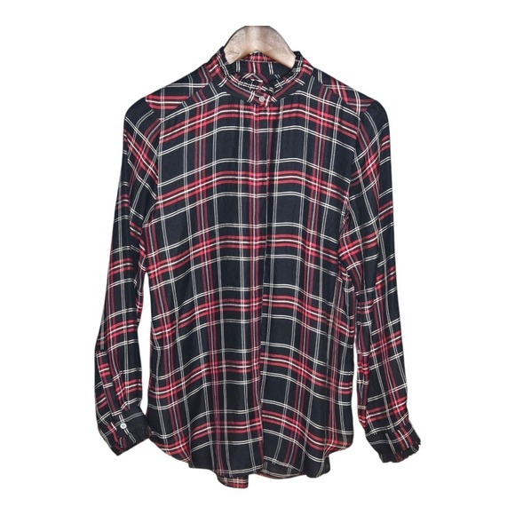 Loft Plaid Flannel Shirt Ruffle Neck Long Sleeve‎ Blouse Top Size XL? - Picture 1 of 8